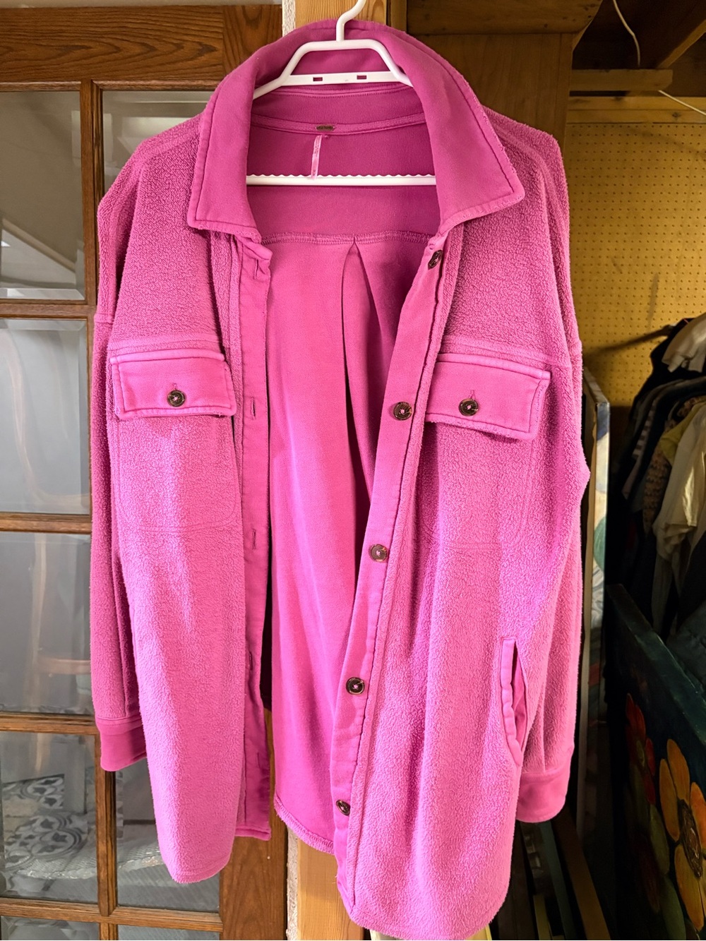 Free People Bright Pink Teddy Fleece Button-Up Jacket